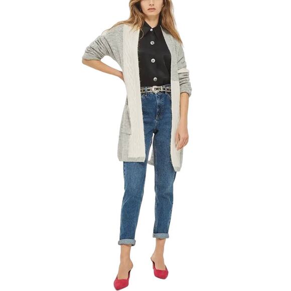 Topshop Light Gray and Cream Cable Knit Open Front Long Cardigan Sweater Size 4 - Picture 3 of 11